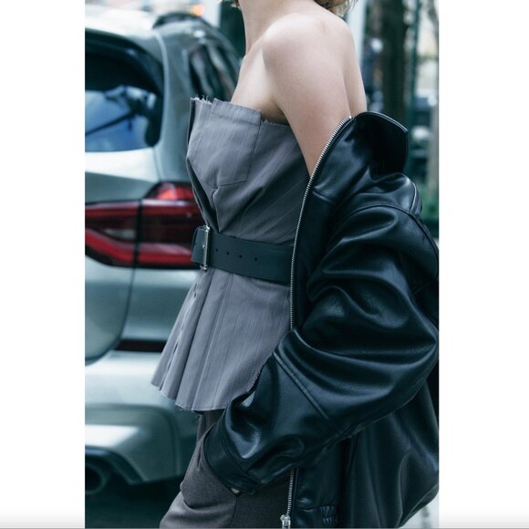 BLOGGER'S FAVE! Zara Belted Strapless Top Gray NWT - Picture 7 of 15